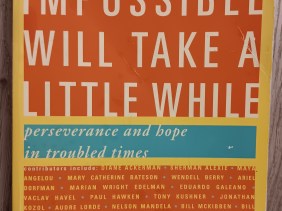 Cover of The Impossible Will Take a Little While featuring an orange background with the title in large print, subtitle "perseverance and hope in trouble times" and a list of the names of many of the books contributors